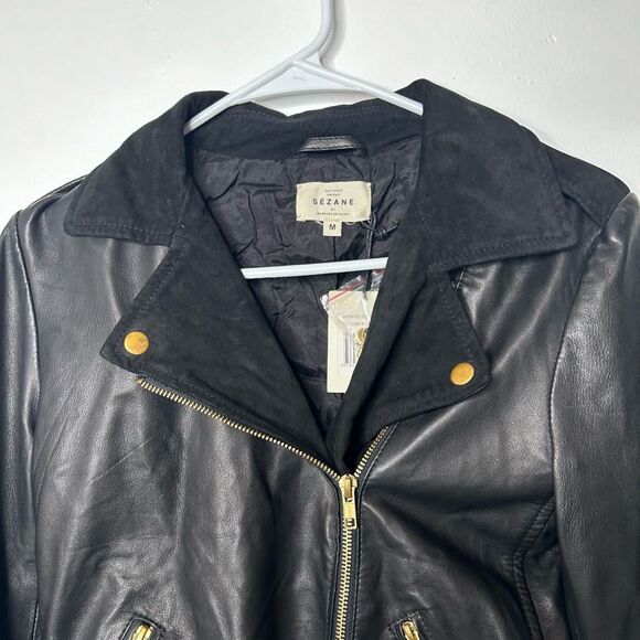Sezane Black Leather Moto Jacket Size M Full Zip Retro Classic NWT Timeless - Picture 2 of 13